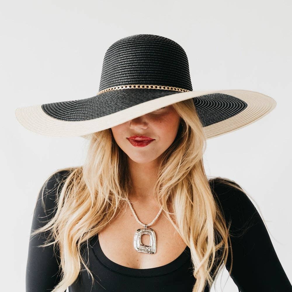 Miami Wide Brim Floppy Sun Hat | Packable | Tassel Chain Trim Black